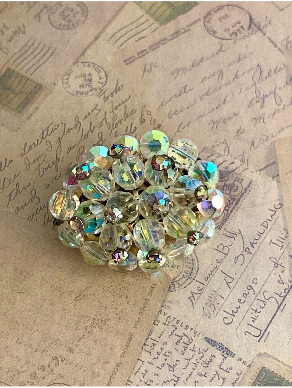 Vintage Sparkling Aurora Borealis Crystal Cluster Brooch Pin
